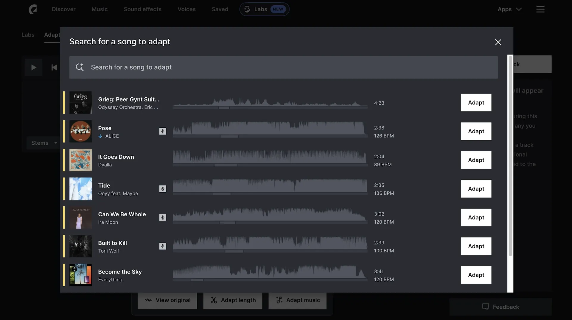 Search for a song to adapt