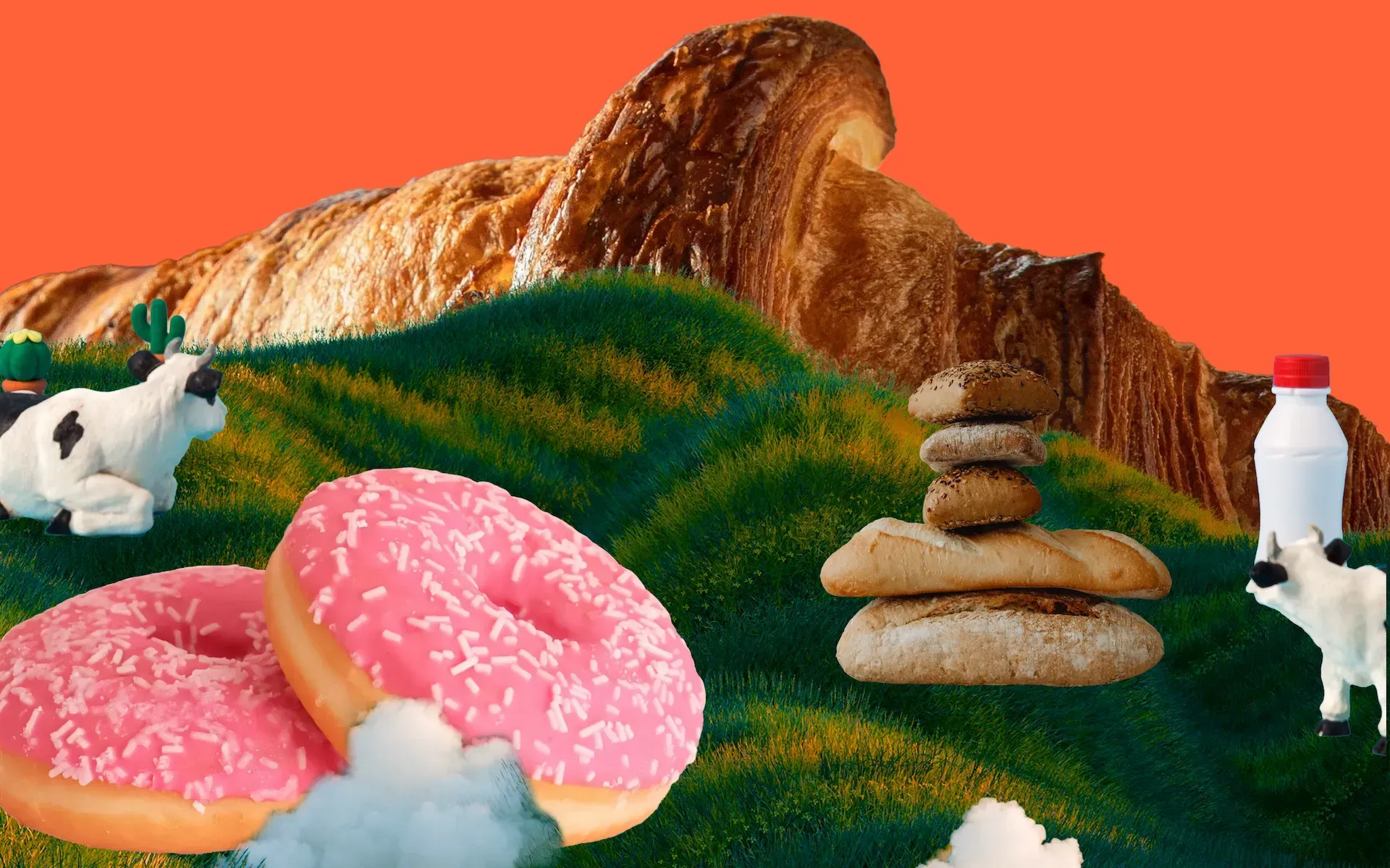 Some cows hanging out in a field full of giant pastries