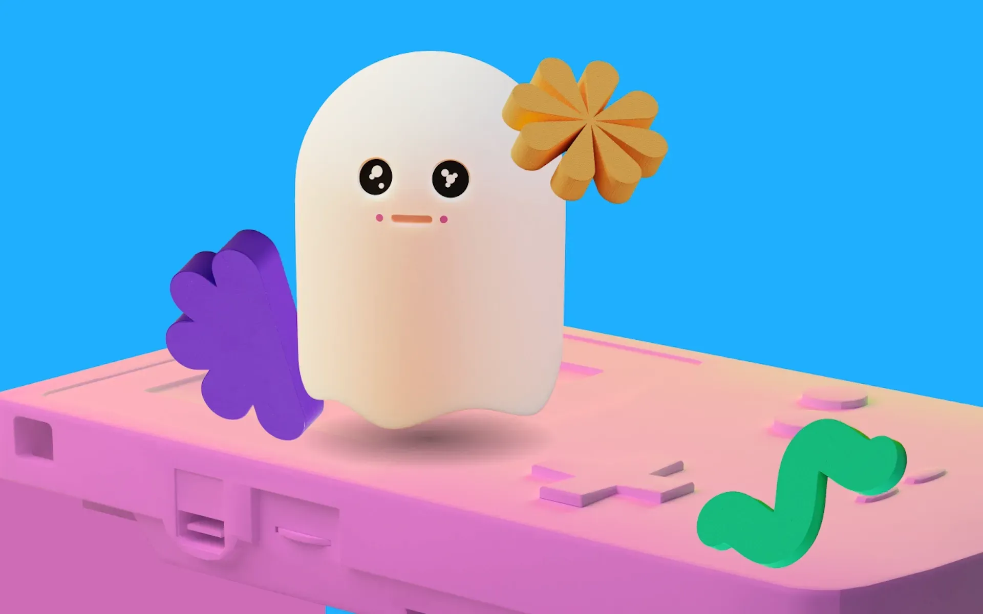 A little ghost sat on a pink block