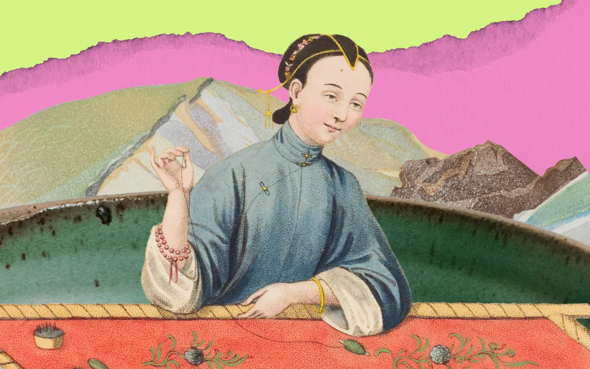 A woman threading a needle