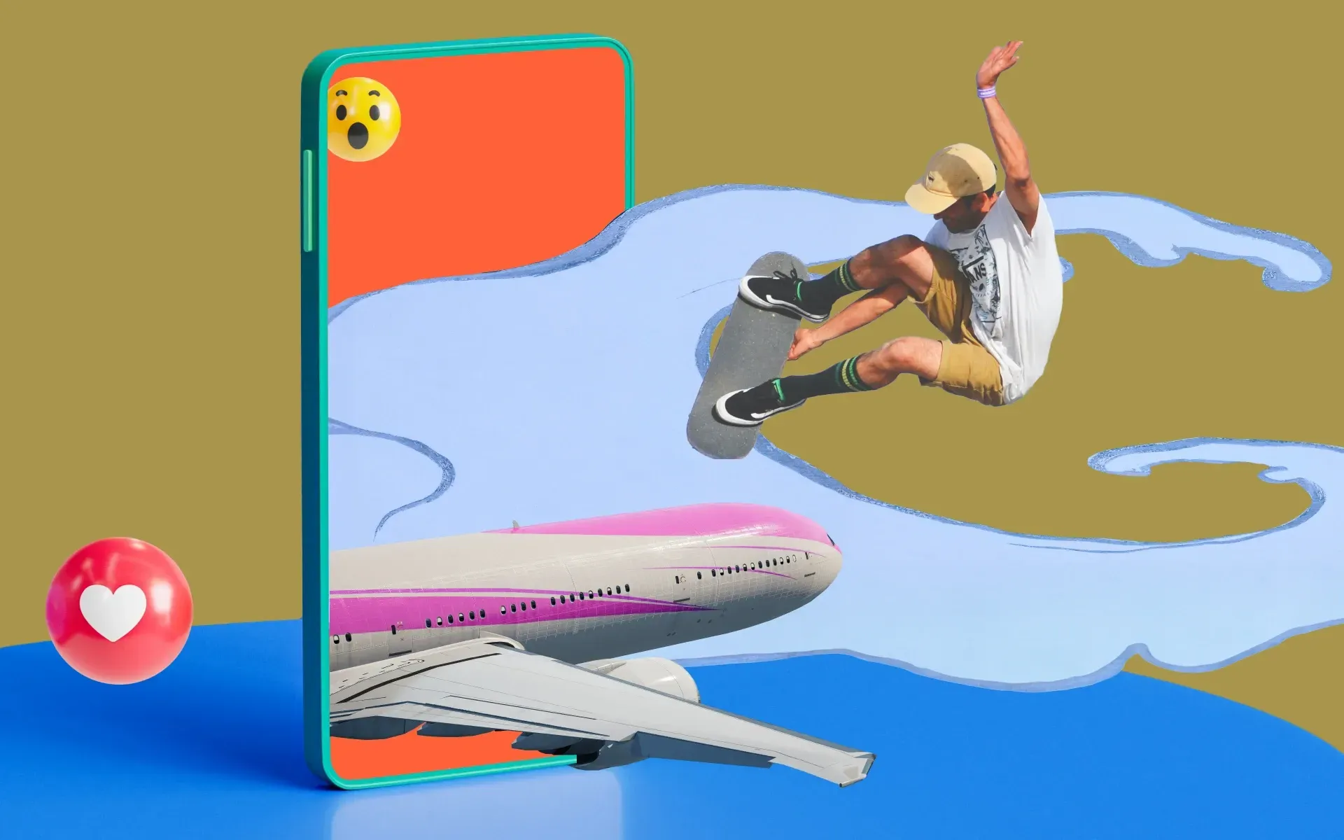 Man skateboarding off of a giant mobile phone