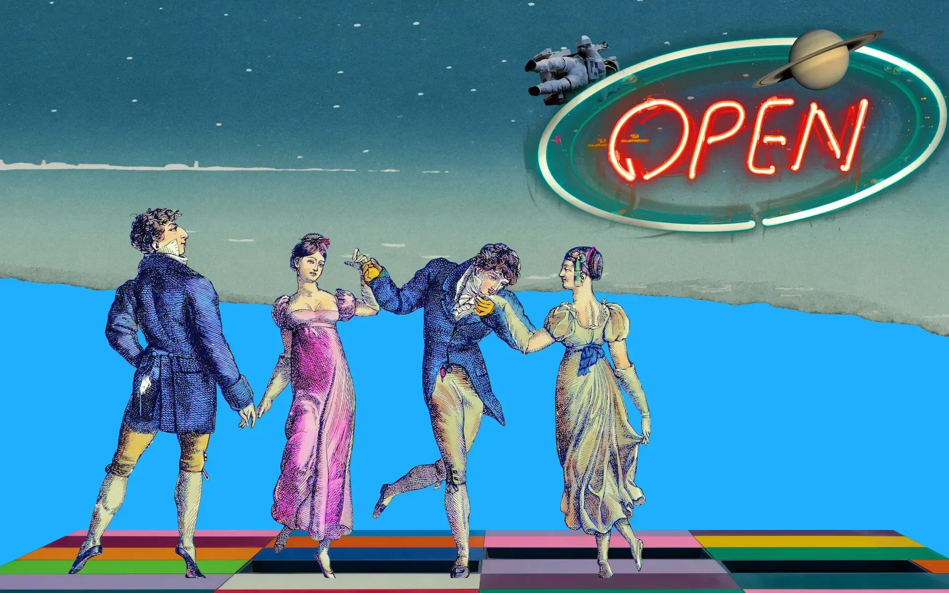 People in old-fashioned clothes dancing on a dancefloor