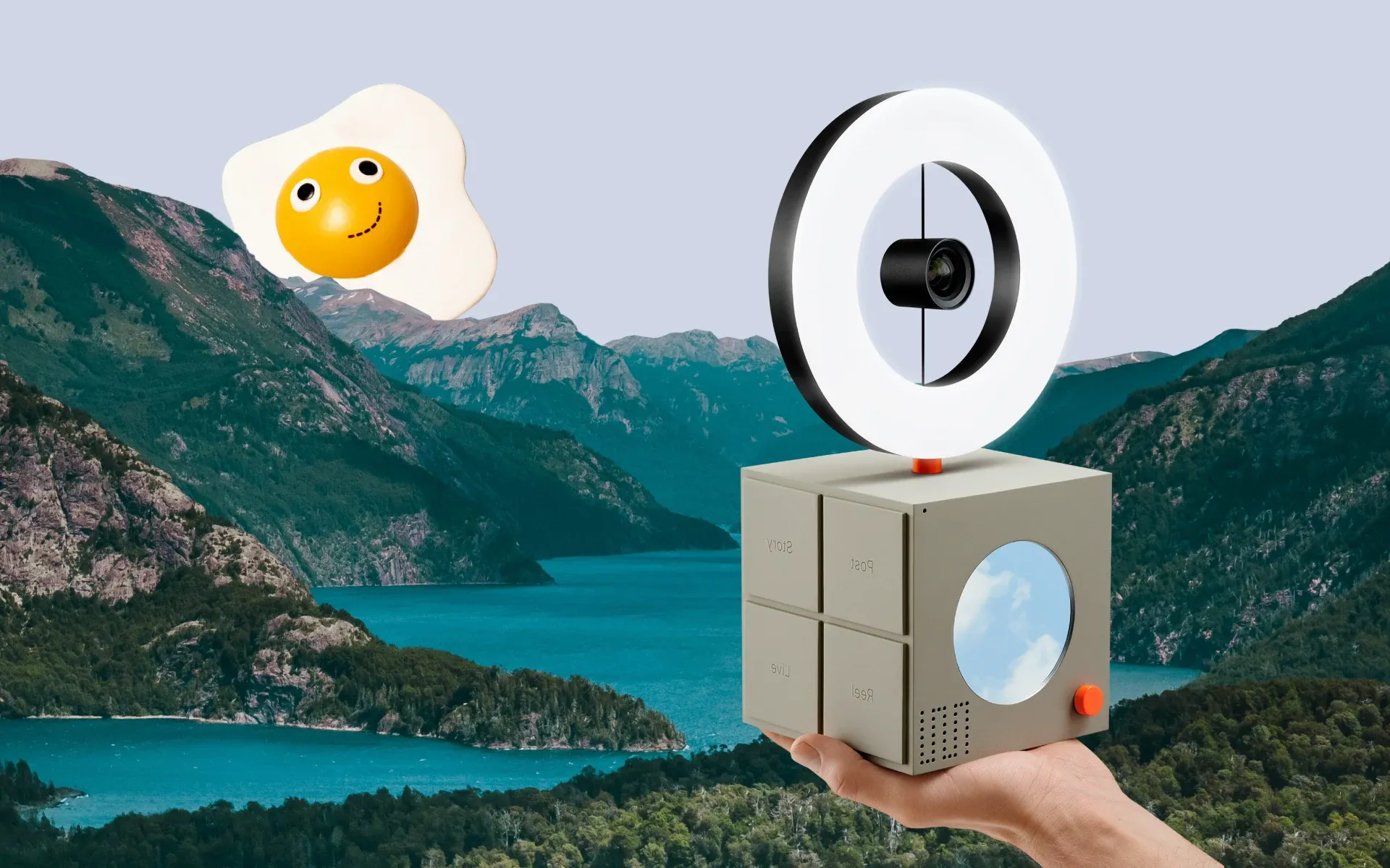 Hand holding a cube with a ring light on top of it, in front of some mountains. There is a giant fried egg, too.