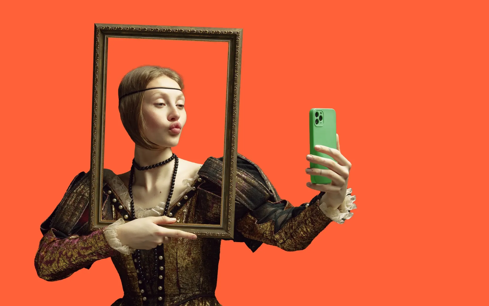 Woman in old-fashioned clothes taking a selfie