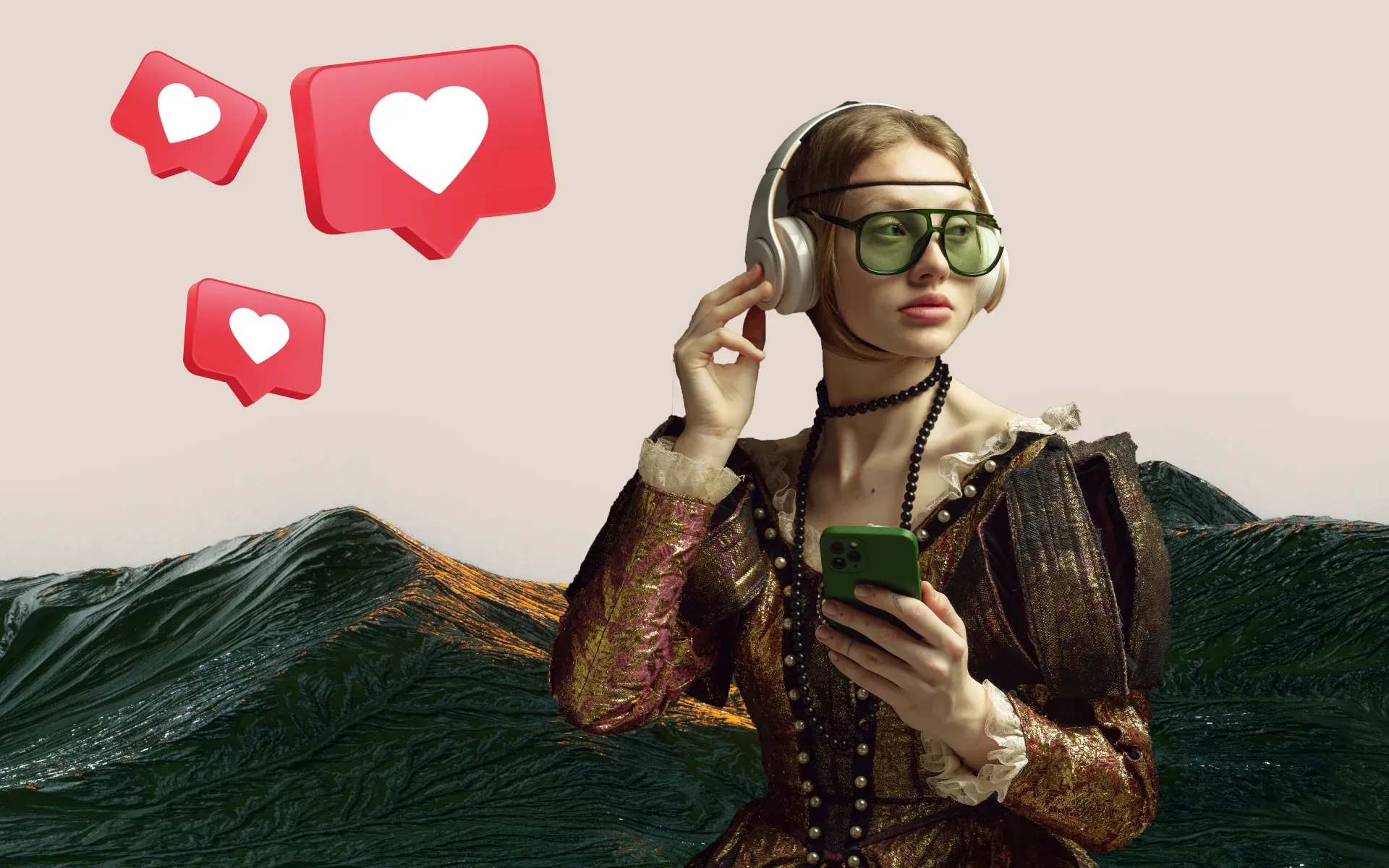 Woman in old-fashioned clothes holding a phone, wearing sunglasses and headphones