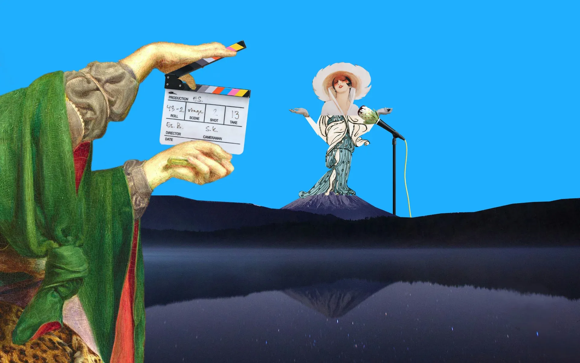 A clapper board in front of an old-timey singer, who is stood on a mountain