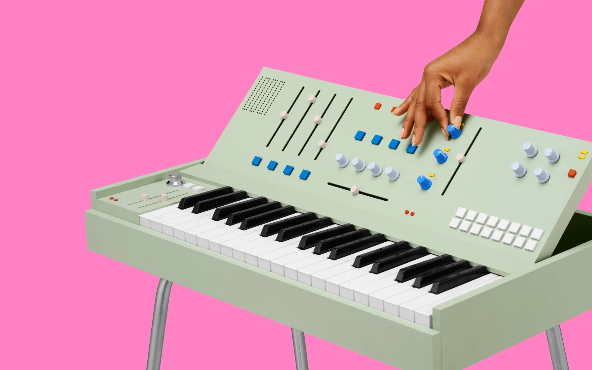 A hand reaching down to adjust a knob on an abstract-looking keyboard instrument
