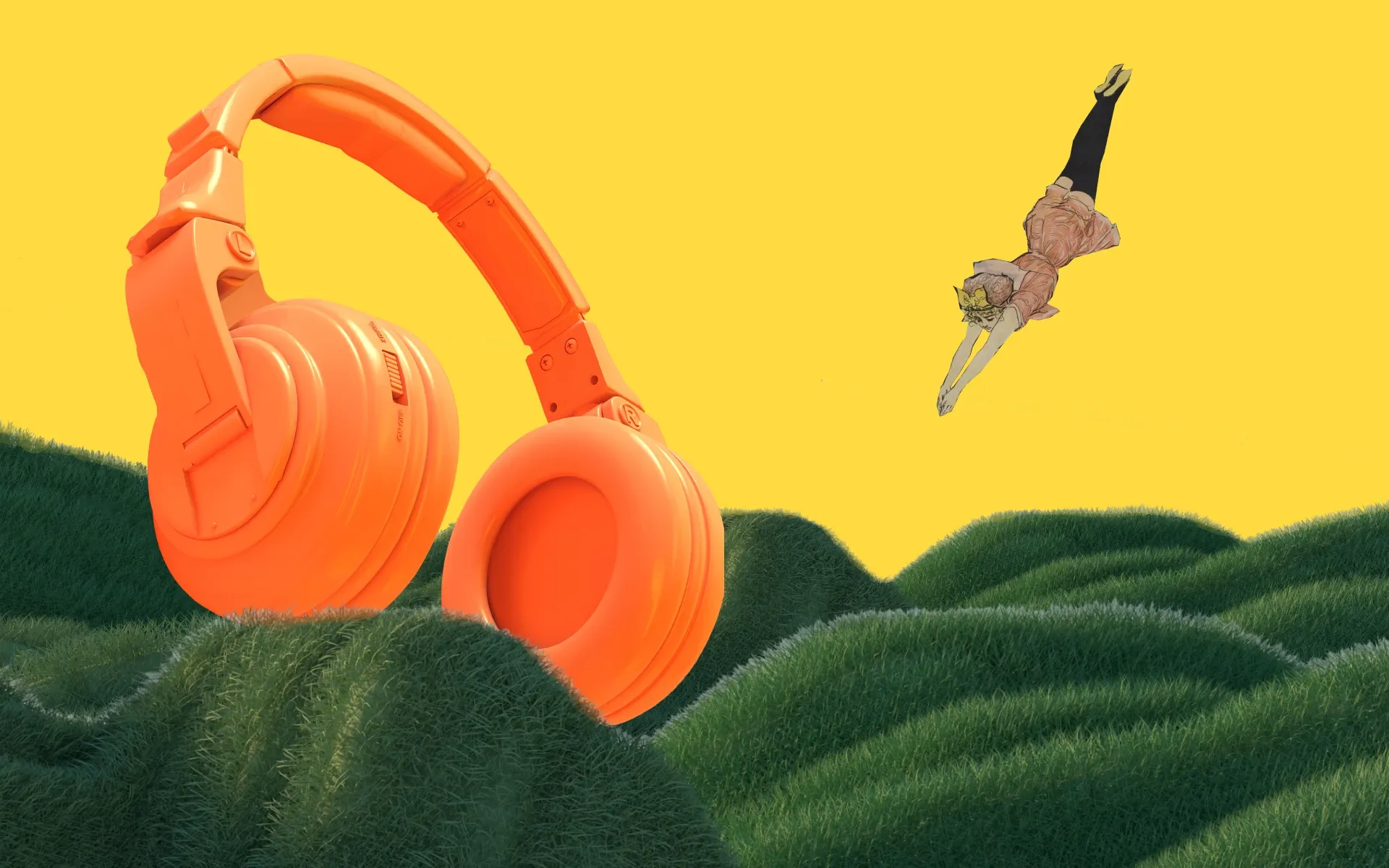 A woman diving into some rolling hills, with some giant orange headphones sitting on them
