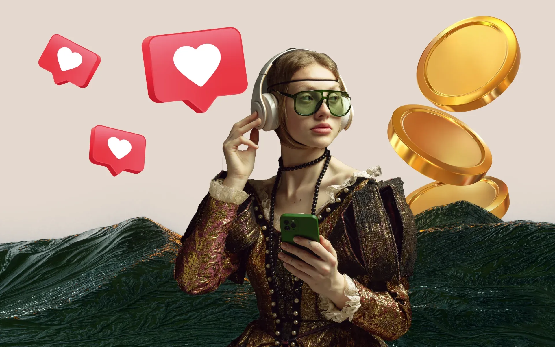 A woman in old-fashioned clothes, in front of a mountain, listening to music on an iPhone