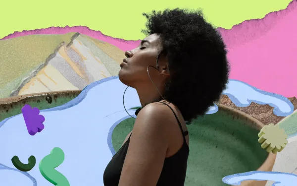 Woman standing in an abstract environment, surrounded by a wave and some mountains