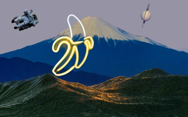 A neon banana on a mountaintop