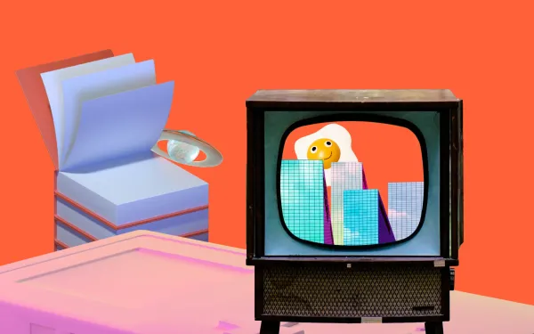 An old TV set with a city skyline and an egg in it