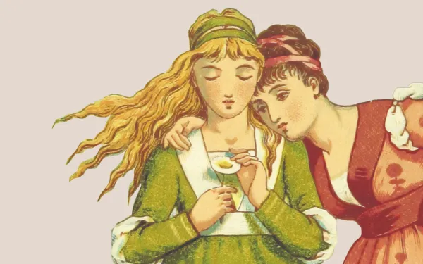 Two cartoon people in old-fashioned clothes lookng s